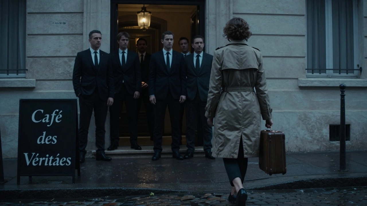 A woman walks away from a luxury hotel in Montmartre at dusk, while men leave behind, their expressions hollow.