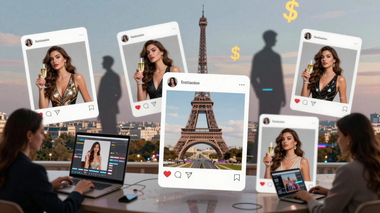 Glamorous social media images of Parisian escorts float in the air, digitally manipulated and overlaid with hidden fraud signals.
